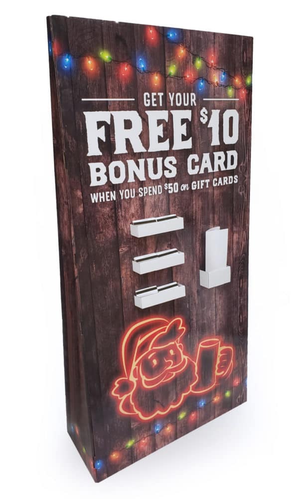 Tall giftcard retail display with space for brochures, has printed holiday lights and neon Santa