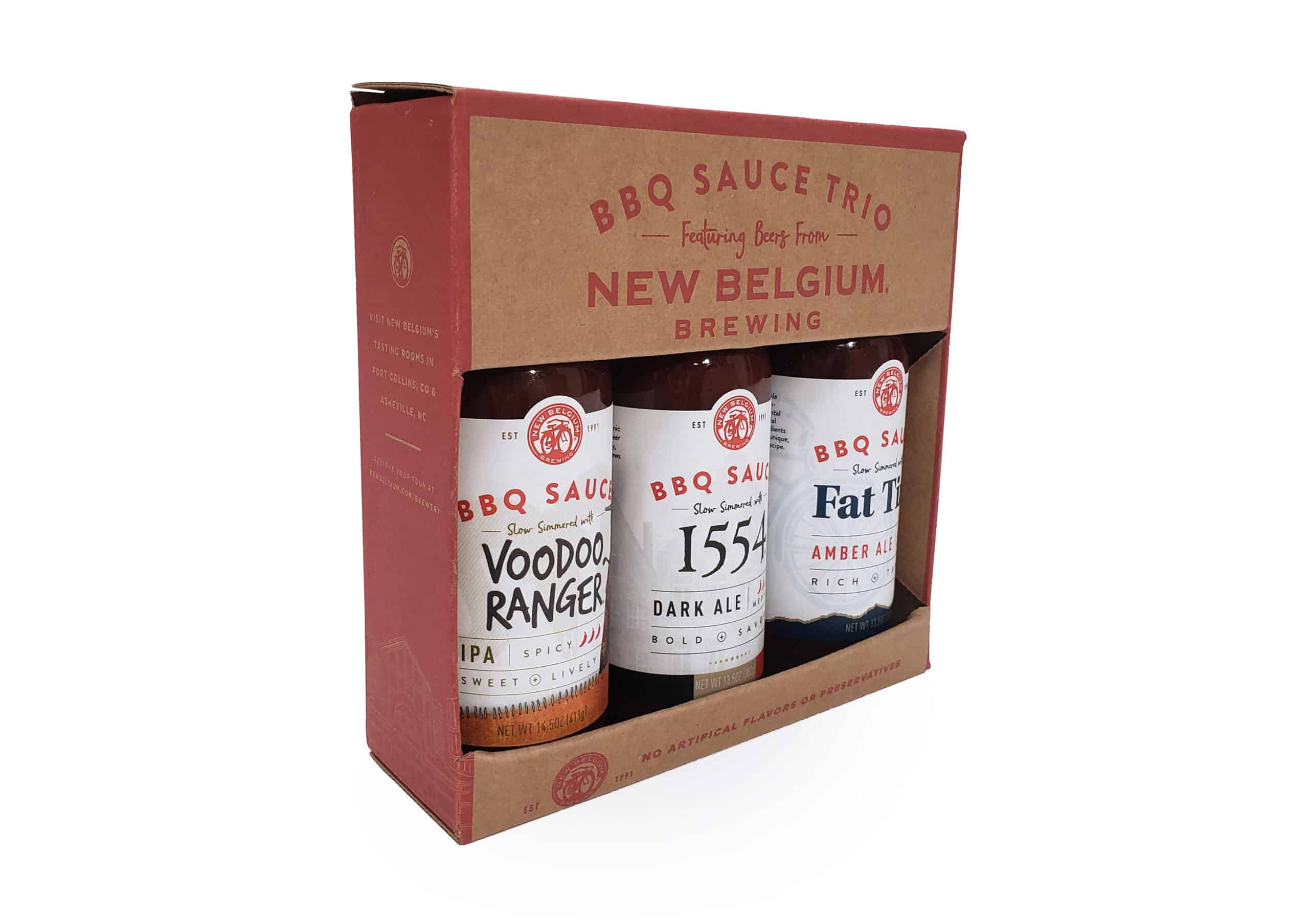 Custom packaging design one color print on kraft packaging with cutout to display three flavors of BBQ sauce