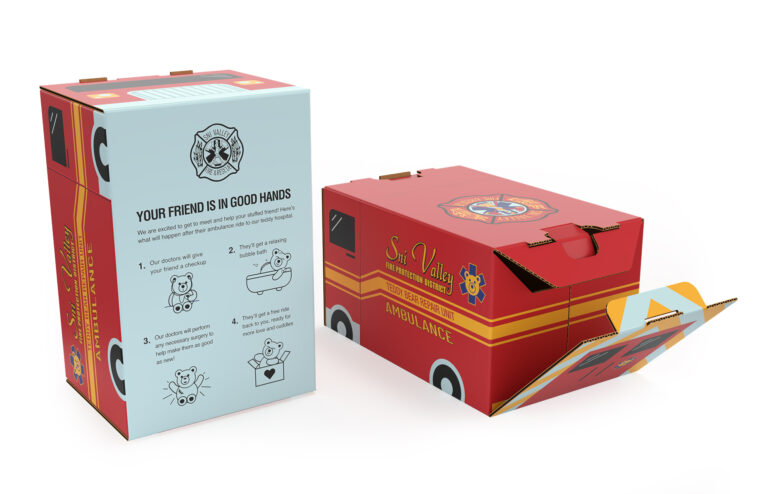 corrugated box with custom graphics that make it look like an ambulance, the ambulance "door" opens in the back