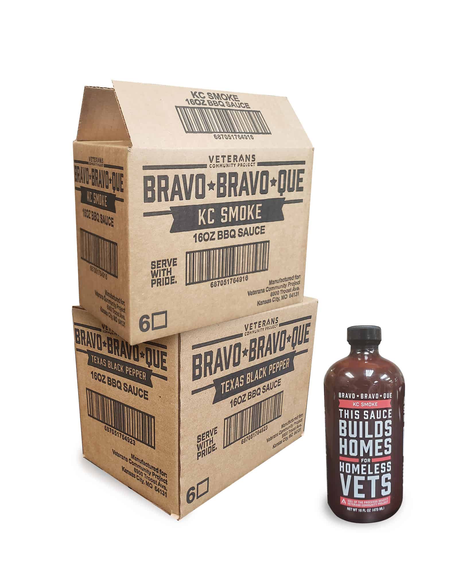 two bbq sauce boxes with text 'Bravo Bravo Que' and flavors KC smoke and Texas Black pepper