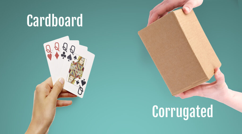 hand holding playing cards with word "cardboard" and hands holding shipping box with word "corrugated"
