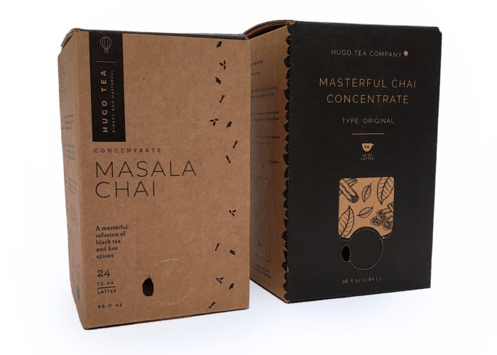 two boxes with black print on kraft and detailed line art beverage packaging
