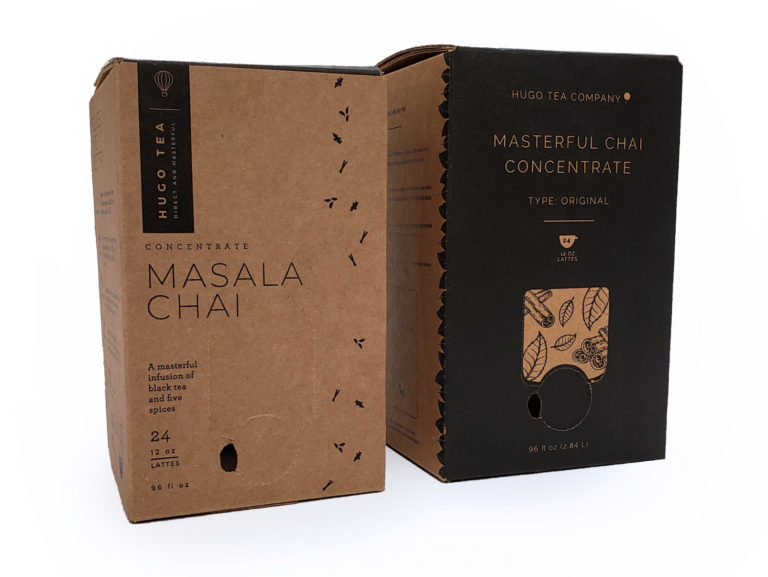 two boxes with black print on kraft and detailed line art beverage packaging