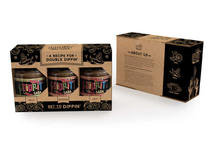a kraft 3 pack box for dipp-it salsa with black graphics