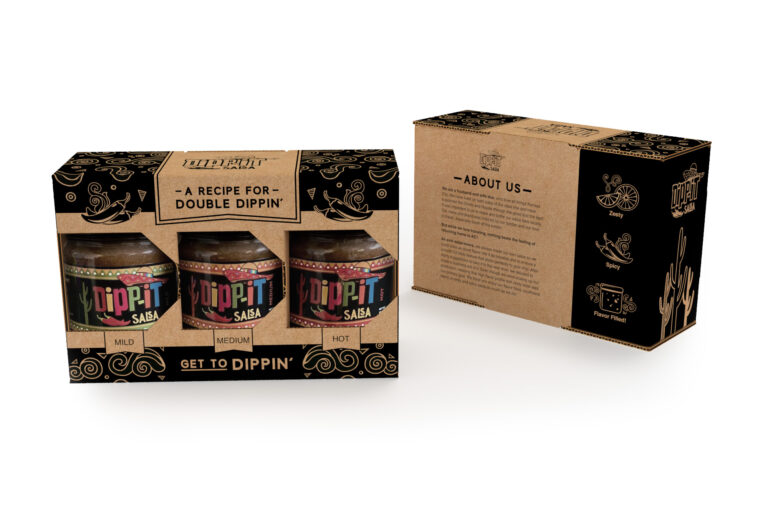 a kraft 3 pack box for dipp-it salsa with black graphics