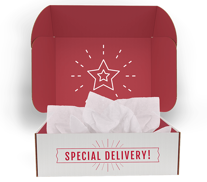 an open e-commerce mailer with red interior and white exterior, with text "special delivery!"