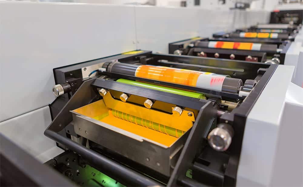 flexographic printing press with colored inks
