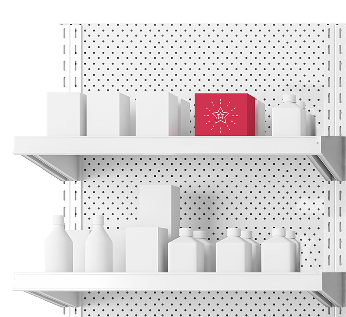 white food and beverage packaging on grocery shelves with one bright red box