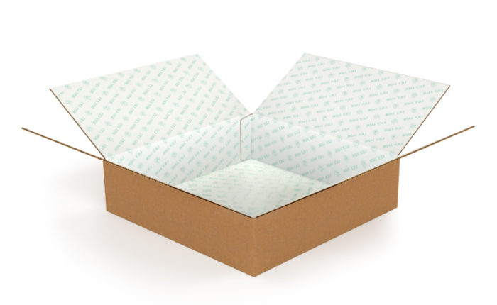 e-commerce box with kraft outside, white inside, and teal inside print