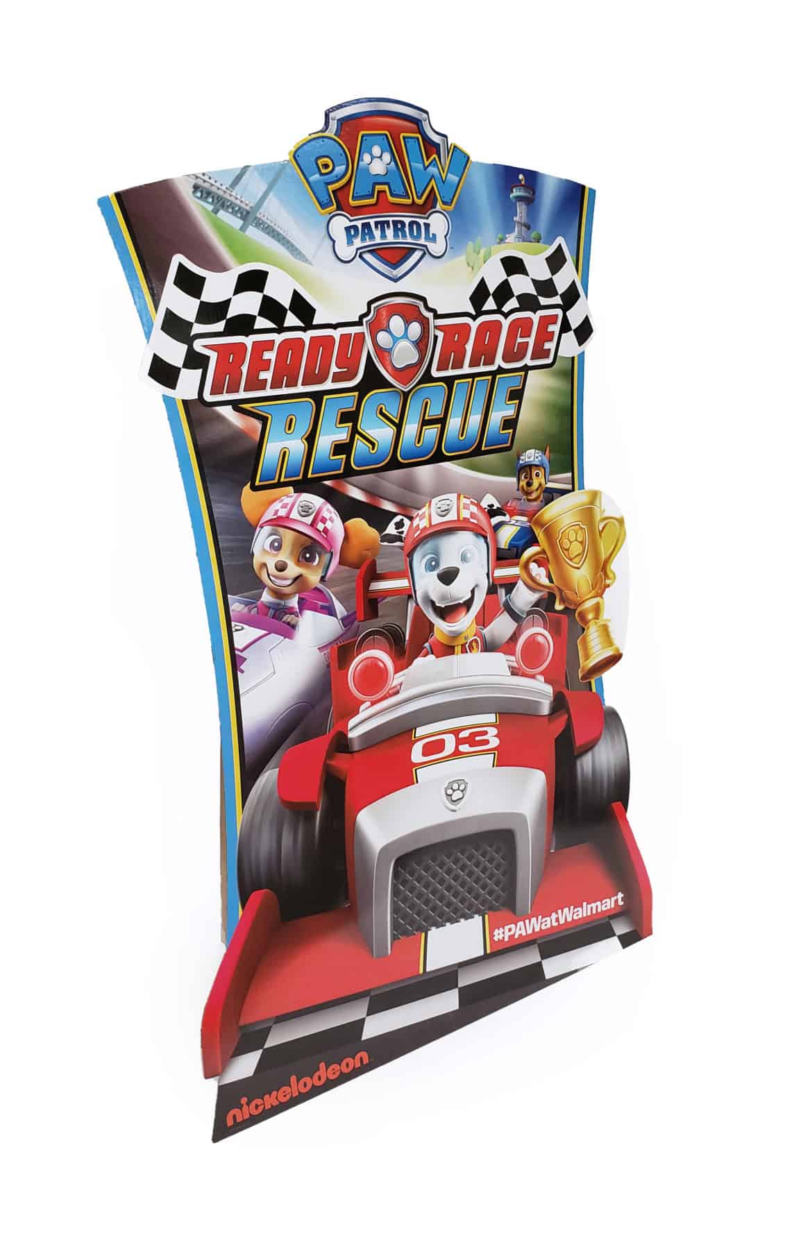 Flat POP display design for paw patrol depicting dogs racing in cars