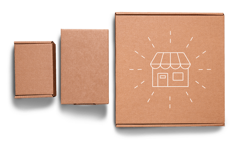 three corrugated boxes, each growing larger with a small business illustration on the third